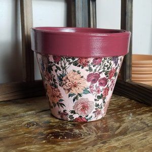 Hand Painted Burgundy Trim 6" Clay Pot, Decoupaged Floral Pattern, Plastic Tray